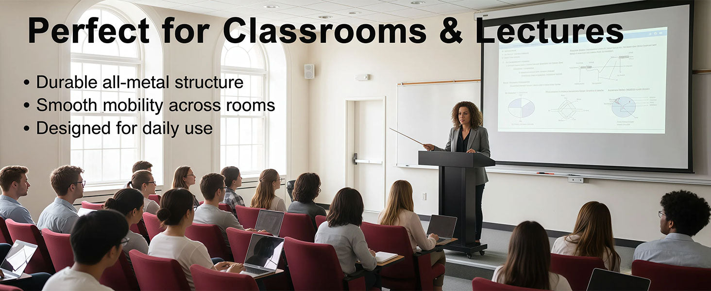 Durable all-metal structure podium - smooth mobility across rooms, designed for daily use in classrooms and lectures

