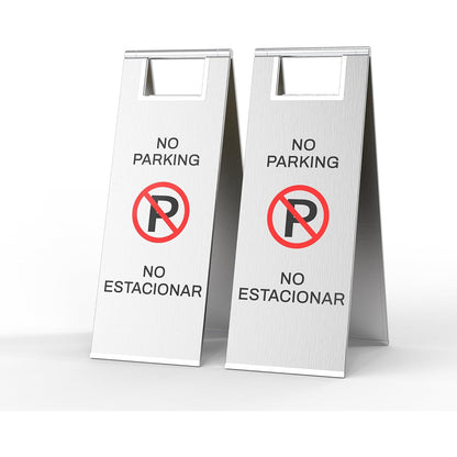 Professional Folding Safety Sign - No Parking Caution Sign in brushed stainless steel with red prohibition circle, bilingual English Spanish warning, portable A-frame stand for traffic control