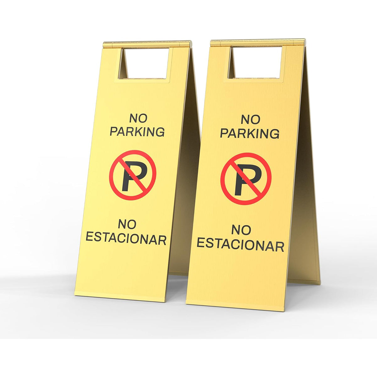 High-Visibility Folding Safety Sign - No Parking Caution Sign in bright yellow with red prohibition circle, bilingual English Spanish warning, portable A-frame stand for parking enforcement