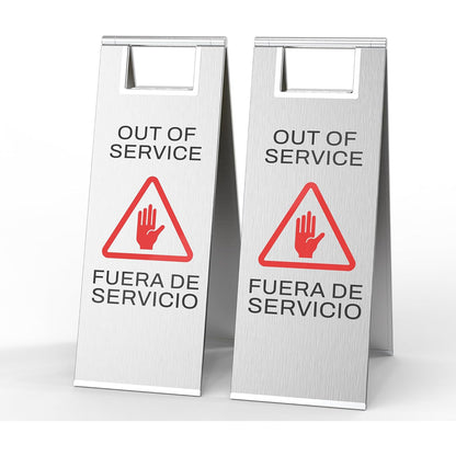 Folding Safety Sign - Stainless Steel Out of Service Caution Sign with red warning triangle and hand symbol, bilingual English Spanish portable floor stand