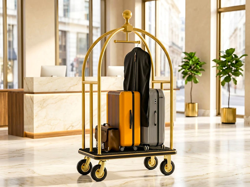 Gold birdcage hotel luggage cart in hotel lobby for bell service and guest luggage transport