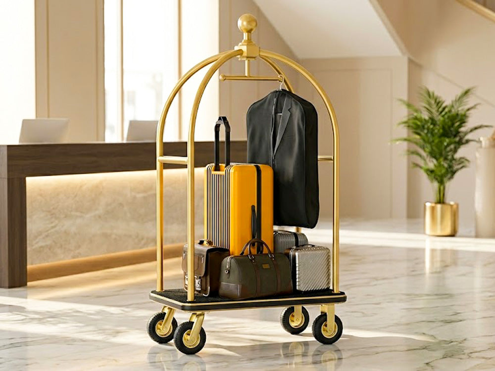 Gold hotel bell cart in reception lobby for guest luggage transport and hotel service operations