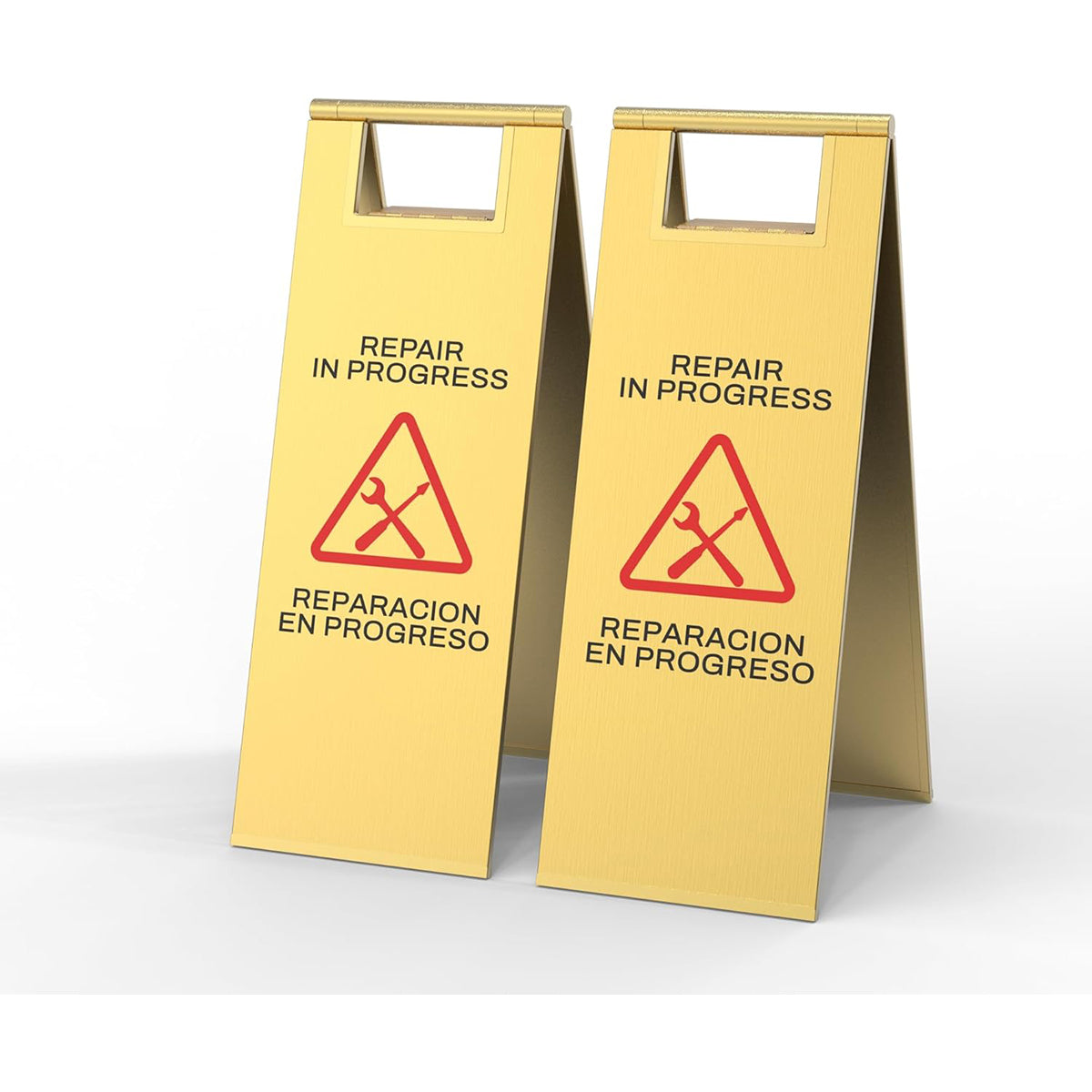 High visibility yellow Repair In Progress folding safety sign with red warning symbols - construction caution sign for maintenance work zones