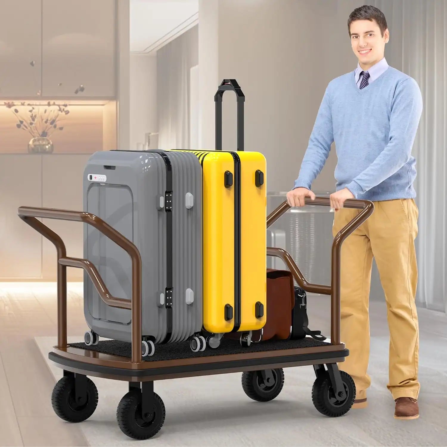 Heavy - Duty Hotel Luggage Cart – 600 lbs Capacity Stainless Steel Trolley with 8" Silent Swivel Wheels - CrazyAnt