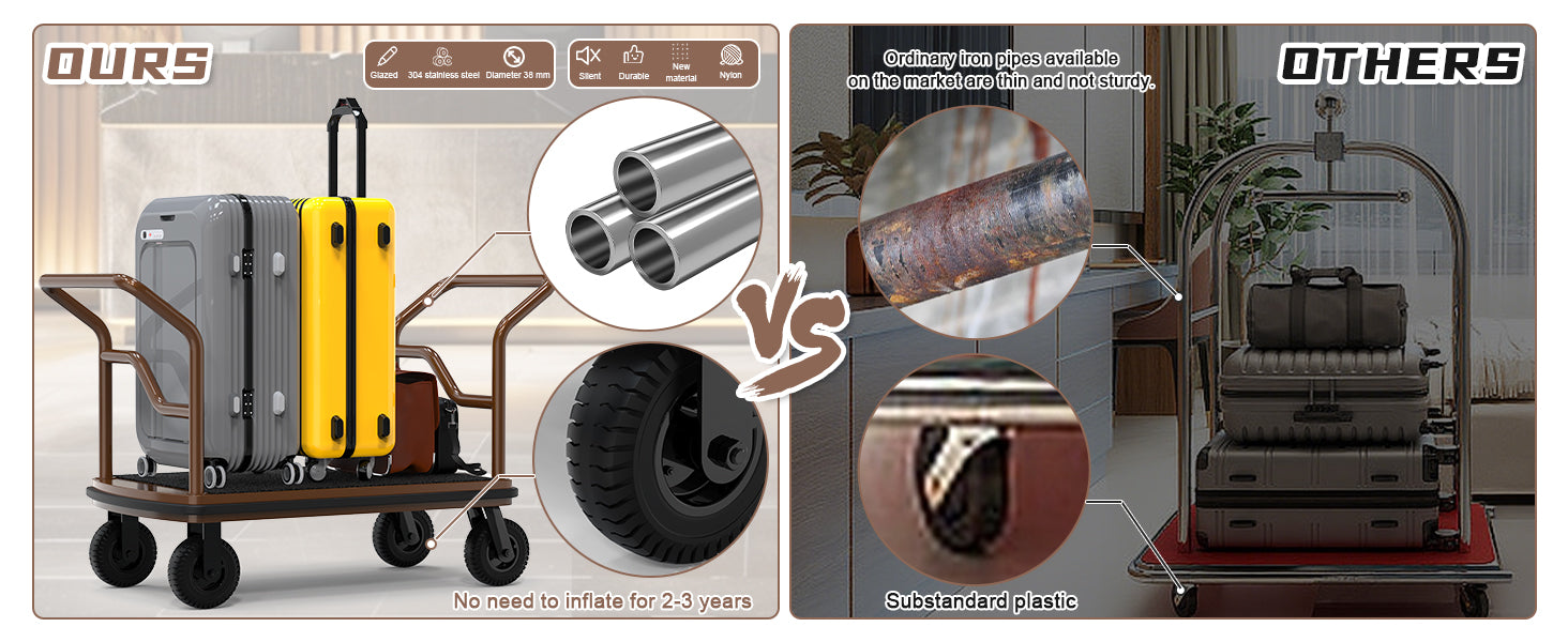 Heavy-duty hotel luggage cart comparison showing 304 stainless steel construction and durable silent wheels versus ordinary iron pipes and substandard plastic wheels