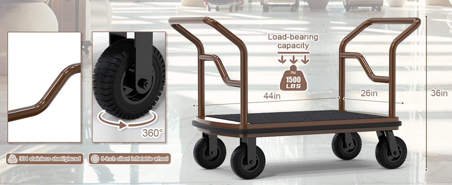 Heavy-duty hotel luggage cart by CrazyAnt with titanium-coated stainless steel, curved handrail, and black non-slip surface displayed in hotel lobby with suitcases