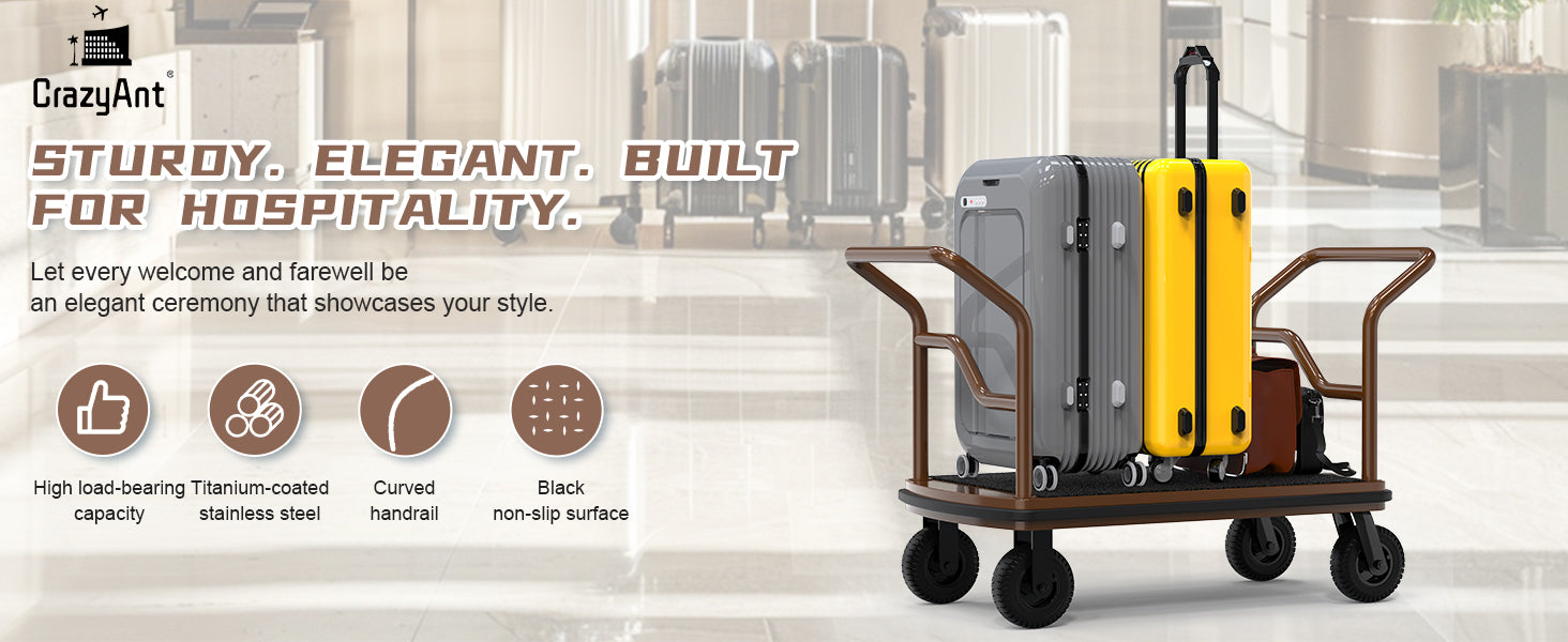 Heavy-duty hotel luggage cart by CrazyAnt with titanium-coated stainless steel, curved handrail, and black non-slip surface displayed in hotel lobby with suitcases