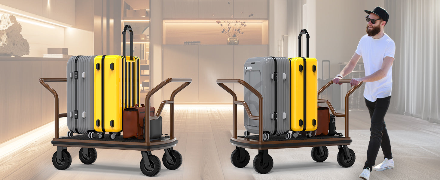 Staff using heavy-duty hotel luggage cart to transport multiple suitcases through modern hotel corridor, demonstrating high capacity and easy maneuverability