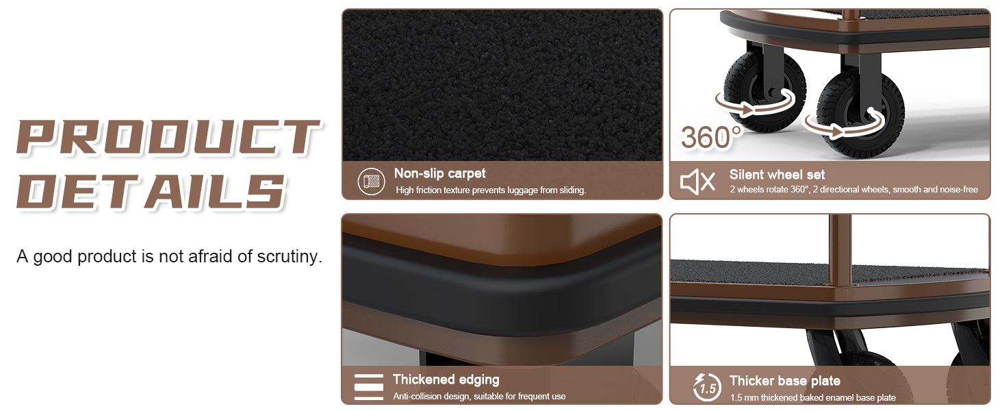 Heavy-duty hotel luggage cart product details featuring non-slip carpet surface, 360-degree silent wheel set, thickened edging, and 1.5mm thicker base plate