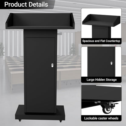 Heavy - Duty Mobile Podium Stand with 4 Lockable Wheels - 46.5"H Conference Lectern with Hidden Storage for Hotels, Events & Meetings - Black - CrazyAnt