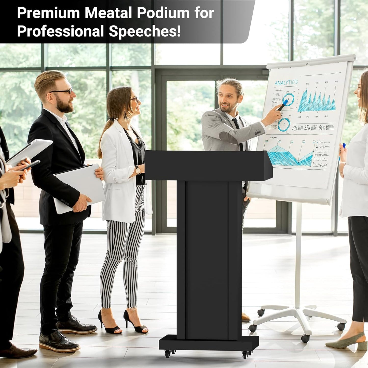 Heavy - Duty Mobile Podium Stand with 4 Lockable Wheels - 46.5"H Conference Lectern with Hidden Storage for Hotels, Events & Meetings - Black - CrazyAnt