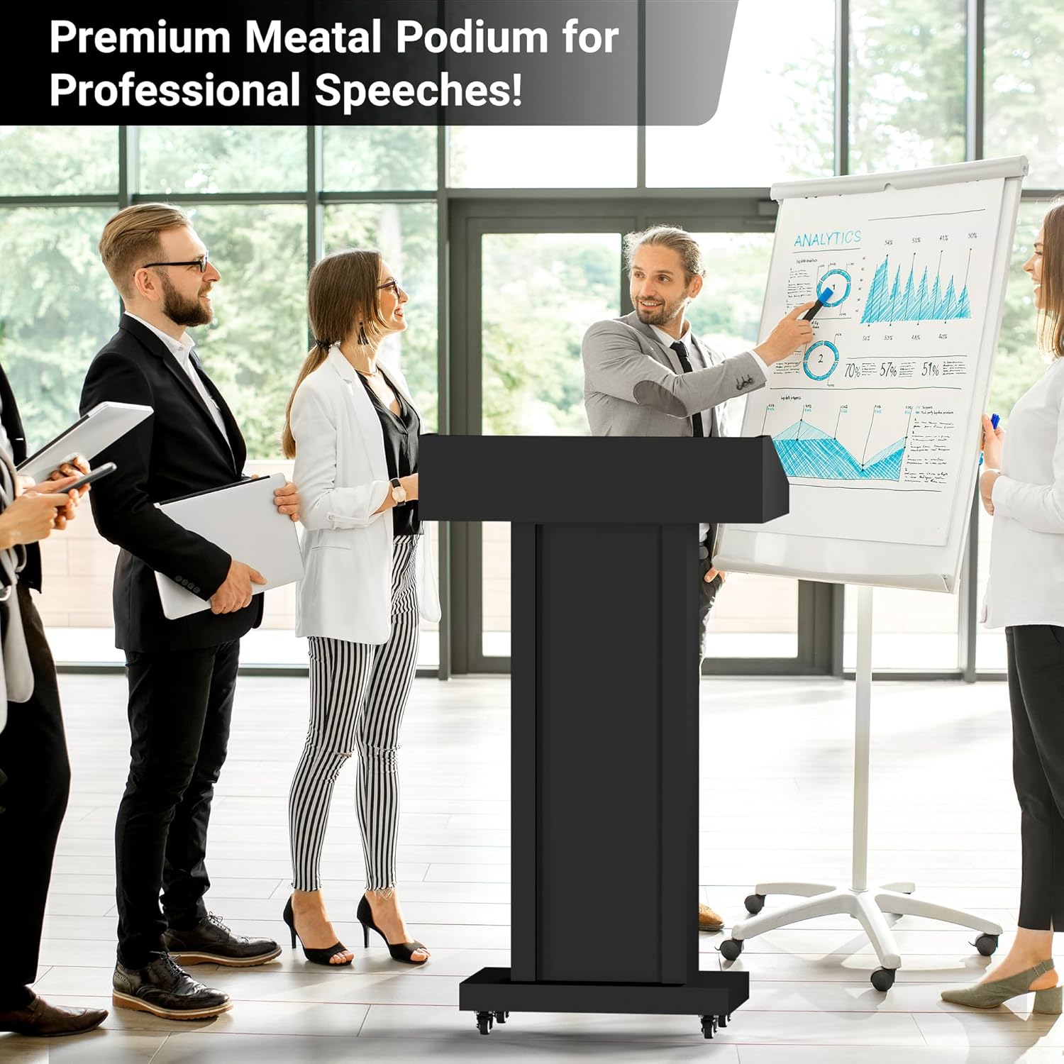 Heavy - Duty Mobile Podium Stand with 4 Lockable Wheels - 46.5"H Conference Lectern with Hidden Storage for Hotels, Events & Meetings - Black - CrazyAnt