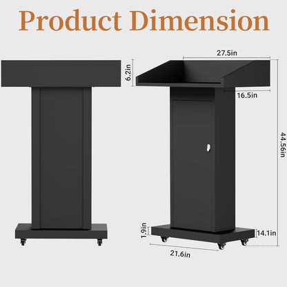 Heavy - Duty Mobile Podium Stand with 4 Lockable Wheels - 46.5"H Conference Lectern with Hidden Storage for Hotels, Events & Meetings - Black - CrazyAnt