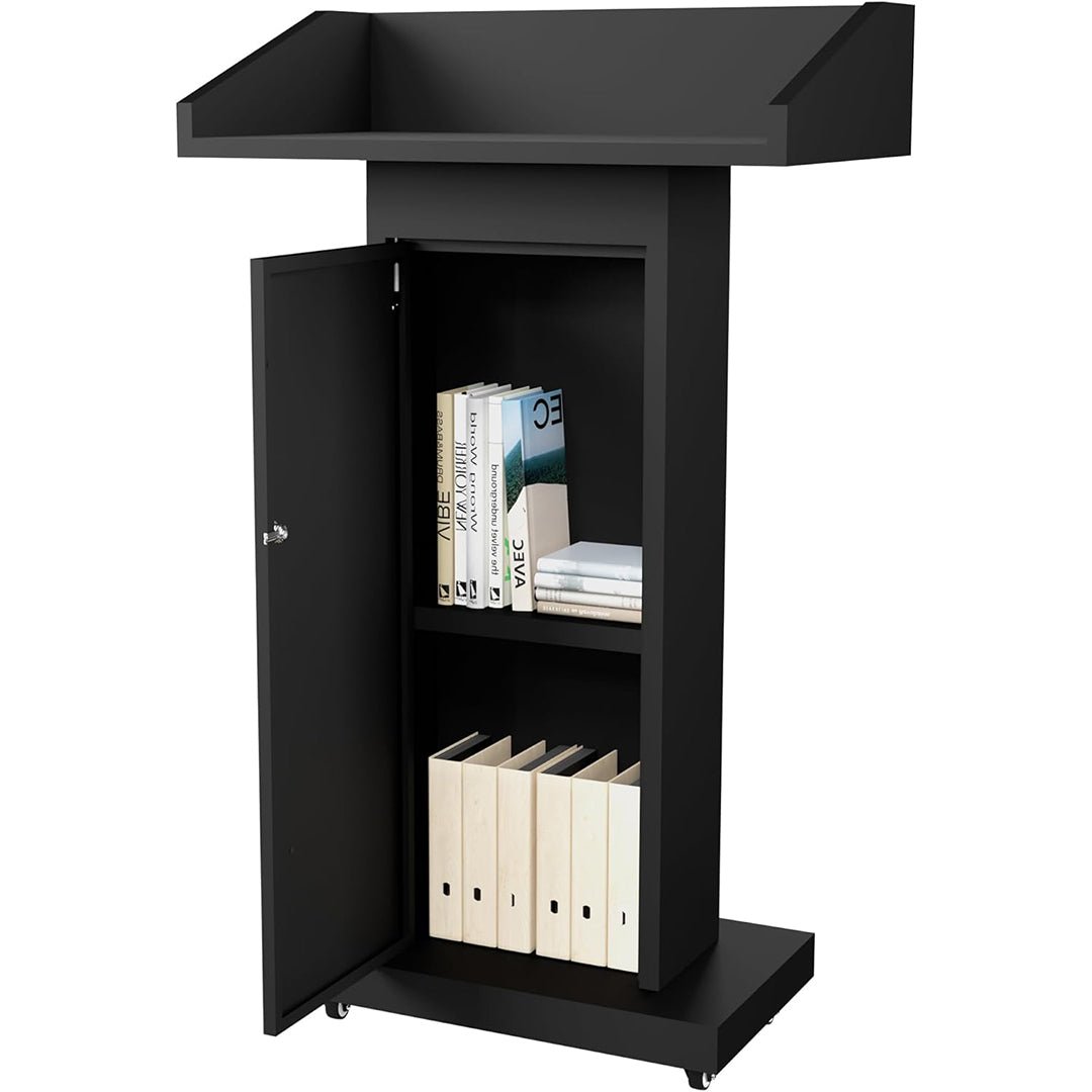 Heavy - Duty Mobile Podium Stand with 4 Lockable Wheels - 46.5"H Conference Lectern with Hidden Storage for Hotels, Events & Meetings - Black - CrazyAnt