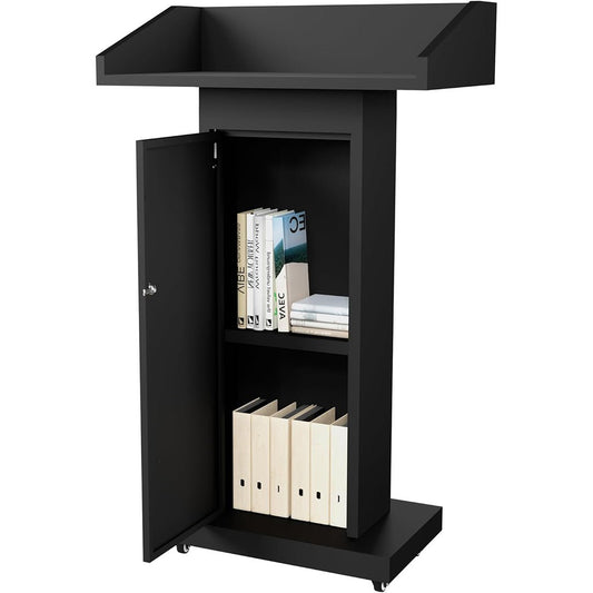 Heavy - Duty Mobile Podium Stand with 4 Lockable Wheels - 46.5"H Conference Lectern with Hidden Storage for Hotels, Events & Meetings - Black - CrazyAnt