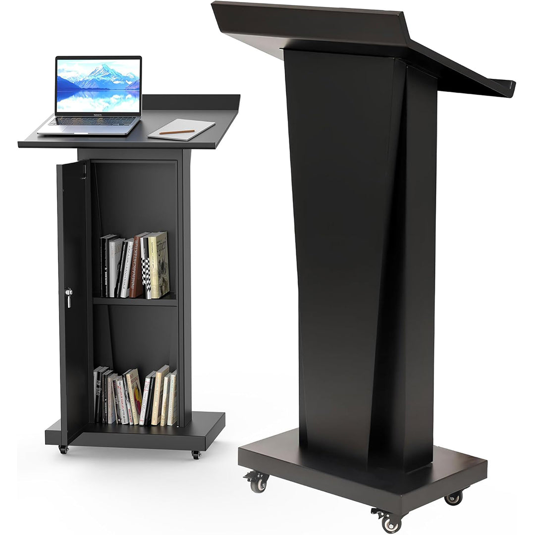 Mobile Lectern Podium Stand with Lockable Wheels - 50.4"H Conference Podium with Storage for Hotels, Events & Meetings - Black - CrazyAnt