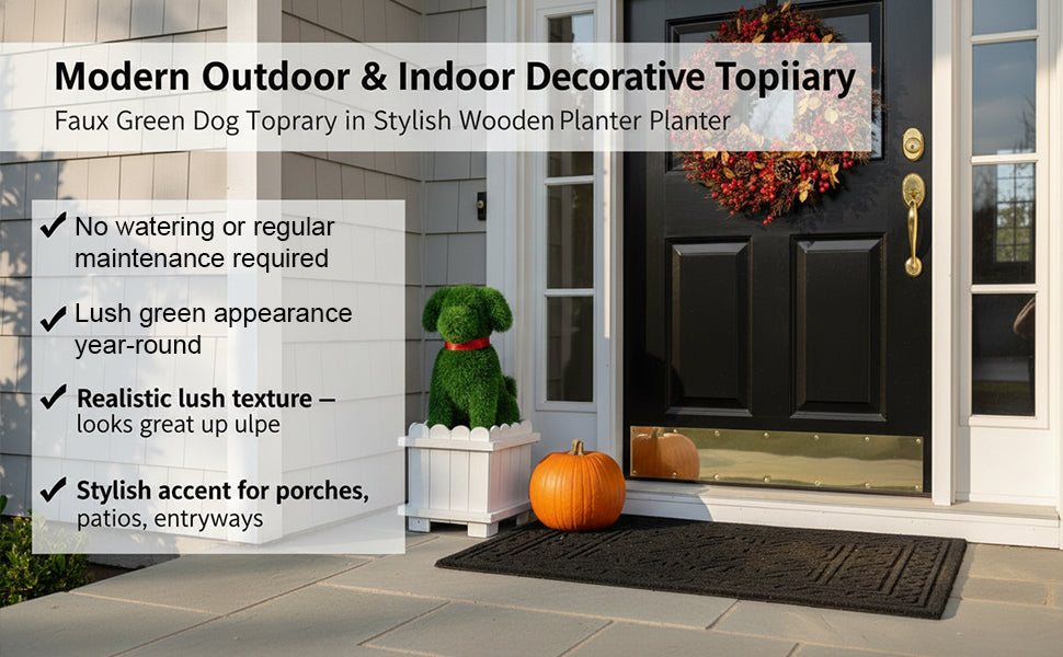 Artificial dog topiary planter at hotel front door entrance with autumn decor, no watering required, maintenance-free outdoor greenery for hospitality properties