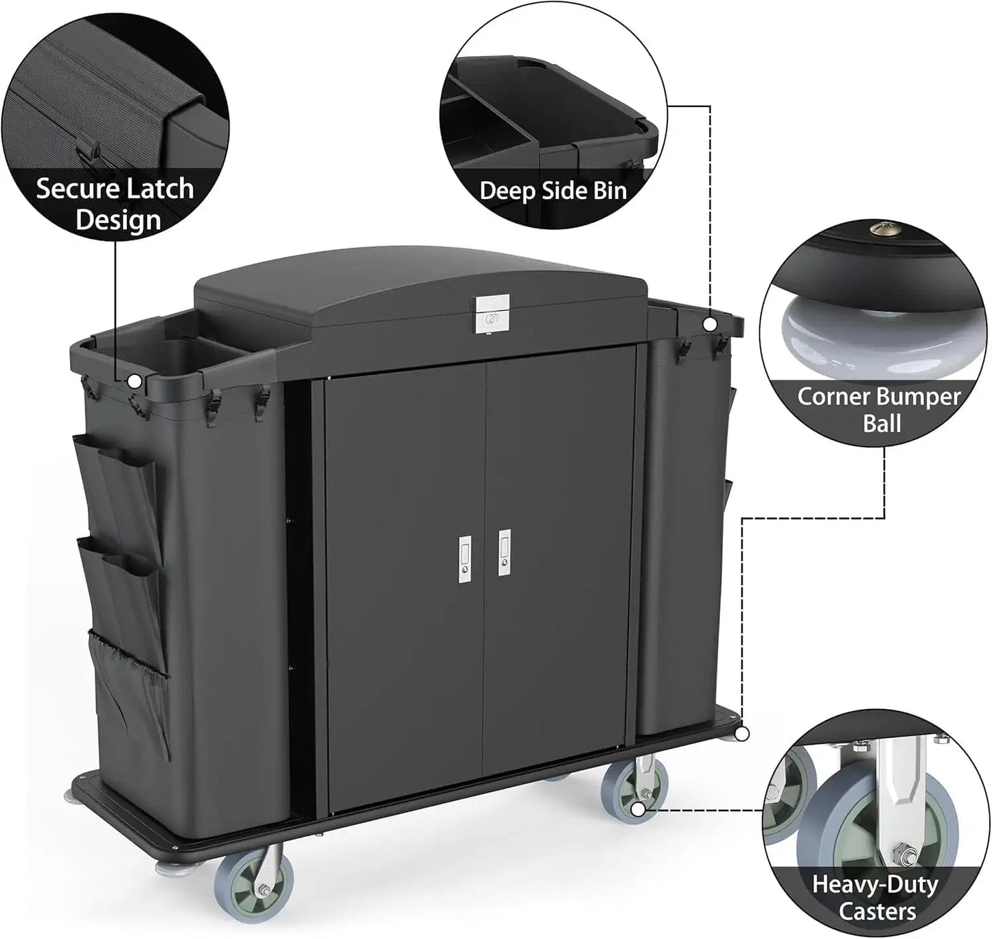 Hotel Housekeeping Cart – Heavy - Duty Trolley with Locking Doors, Side Bins & Wheels for Hotels & Resorts - CrazyAnt