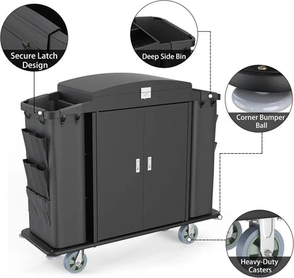 Hotel Housekeeping Cart – Heavy - Duty Trolley with Locking Doors, Side Bins & Wheels for Hotels & Resorts - CrazyAnt