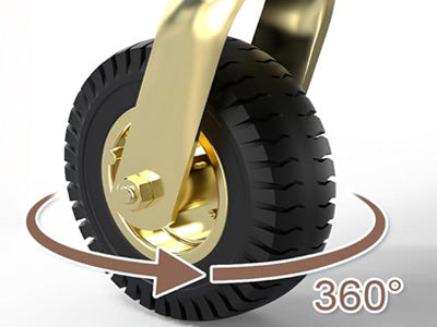 360 degree rubber wheel detail on hotel luggage cart for smooth lobby and corridor movement