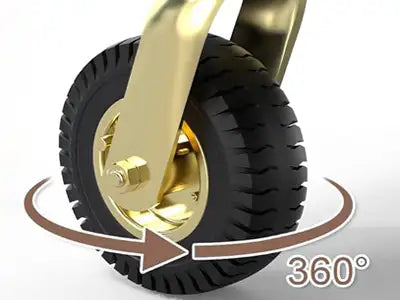360 degree rubber wheel detail on hotel luggage cart for smooth lobby and corridor movement