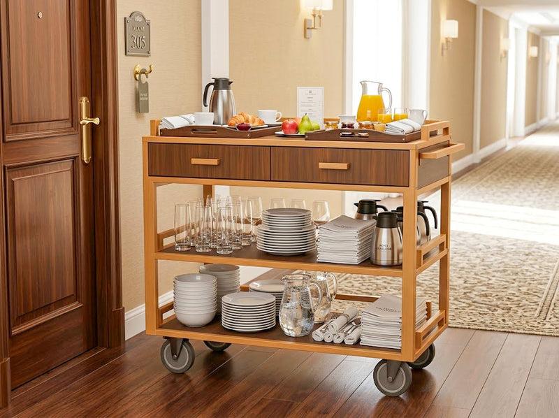Wooden room service cart in a hotel corridor for breakfast delivery, guest room service, and tableware transport