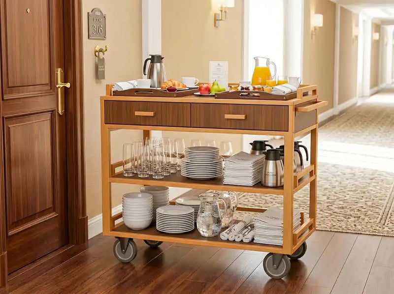 Wooden room service cart in a hotel corridor for breakfast delivery, guest room service, and tableware transport