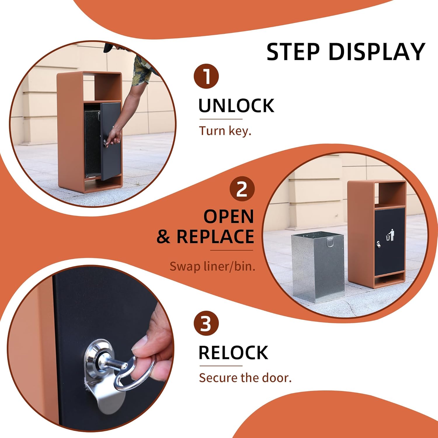 Step-by-step guide for using lockable outdoor trash can storage: unlock, open and replace liner, relock secure door