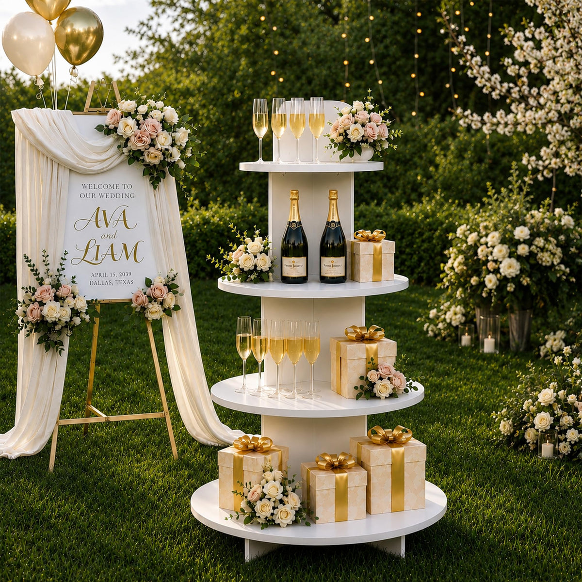 Wooden Champagne Wall Display Island with Shelves, 53" Wedding Favor Stand