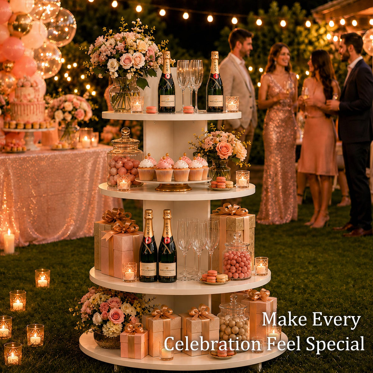 Wooden Champagne Wall Display Island with Shelves, 53" Wedding Favor Stand