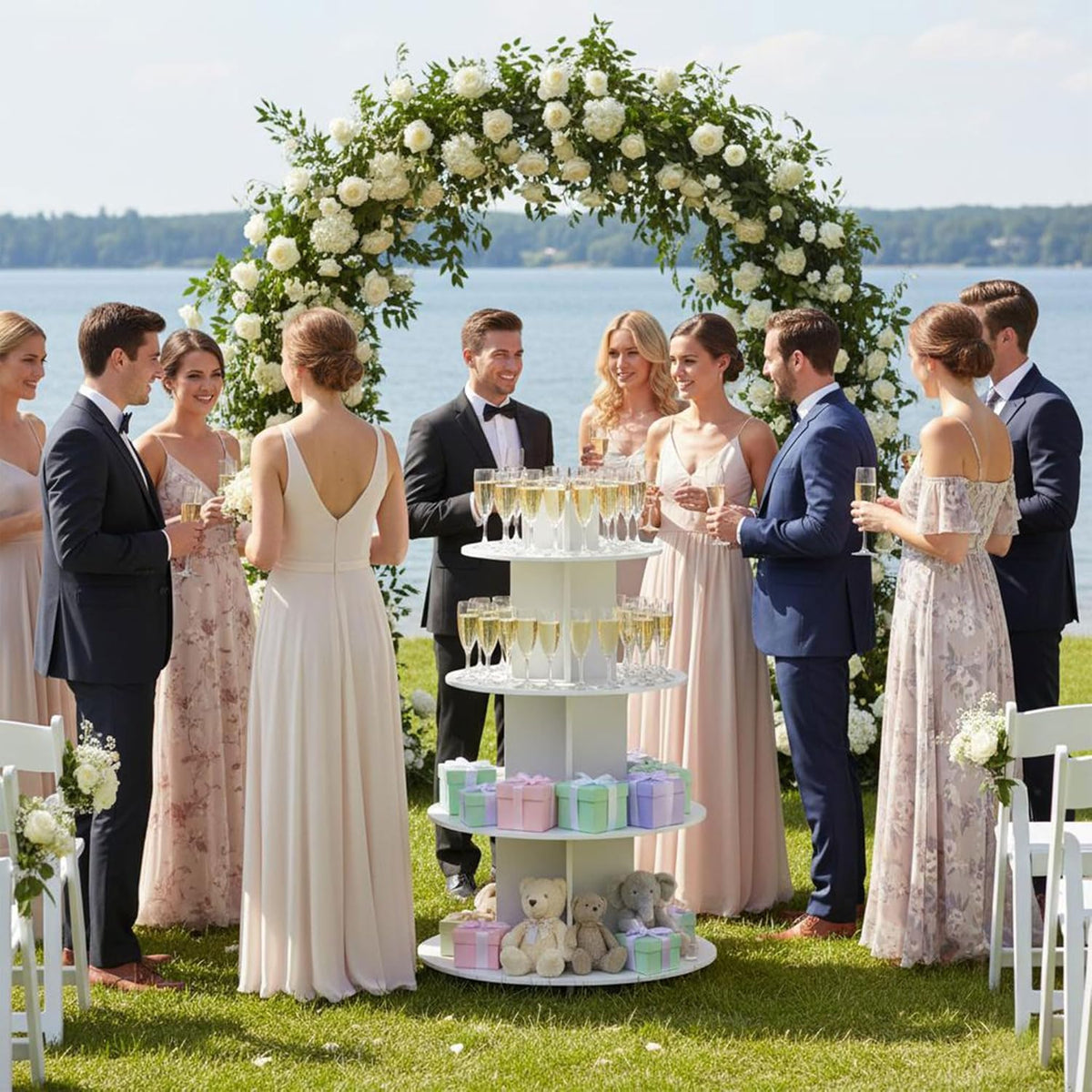 Wooden Champagne Wall Display Island with Shelves, 53" Wedding Favor Stand