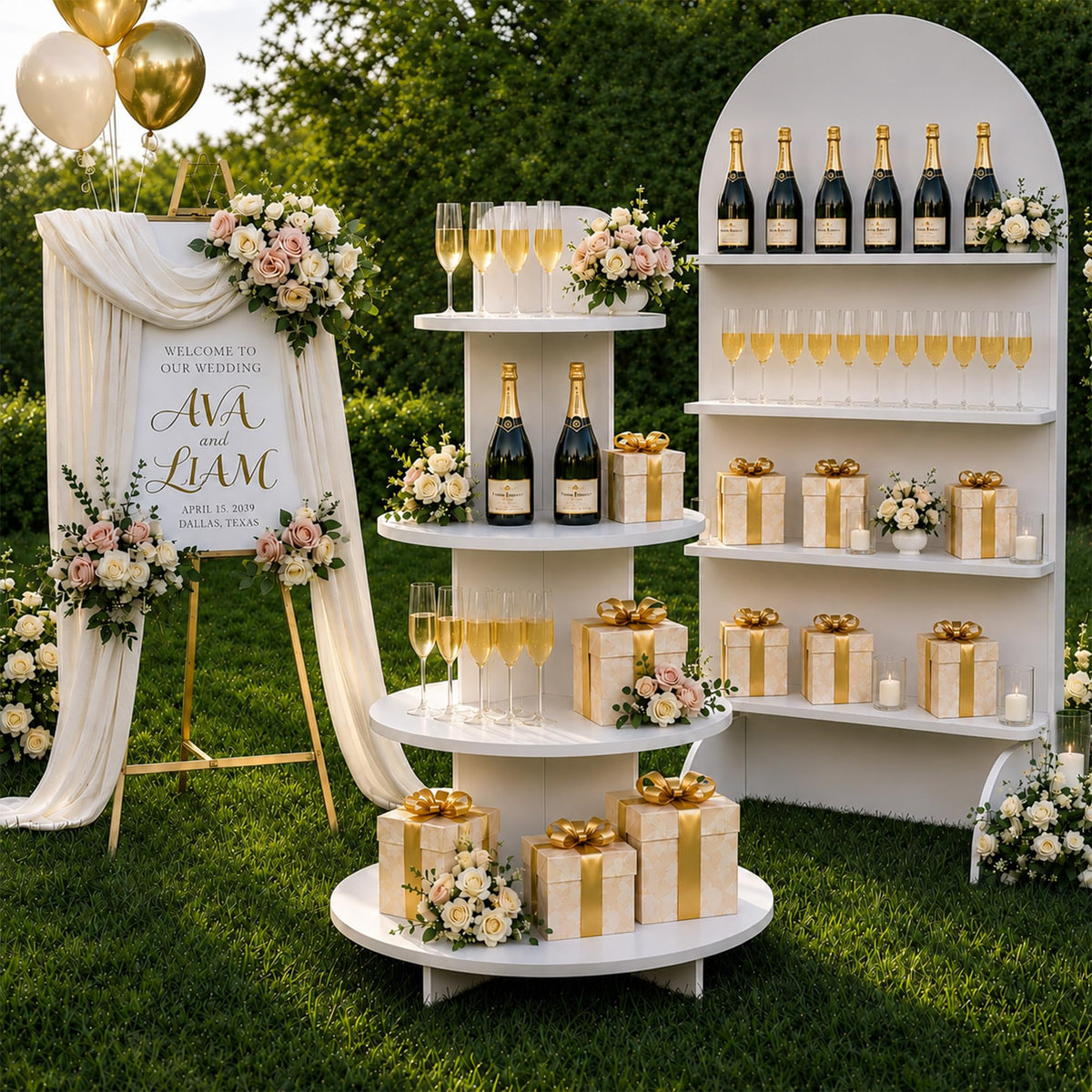 Wooden Champagne Wall Display Island with Shelves, 53" Wedding Favor Stand