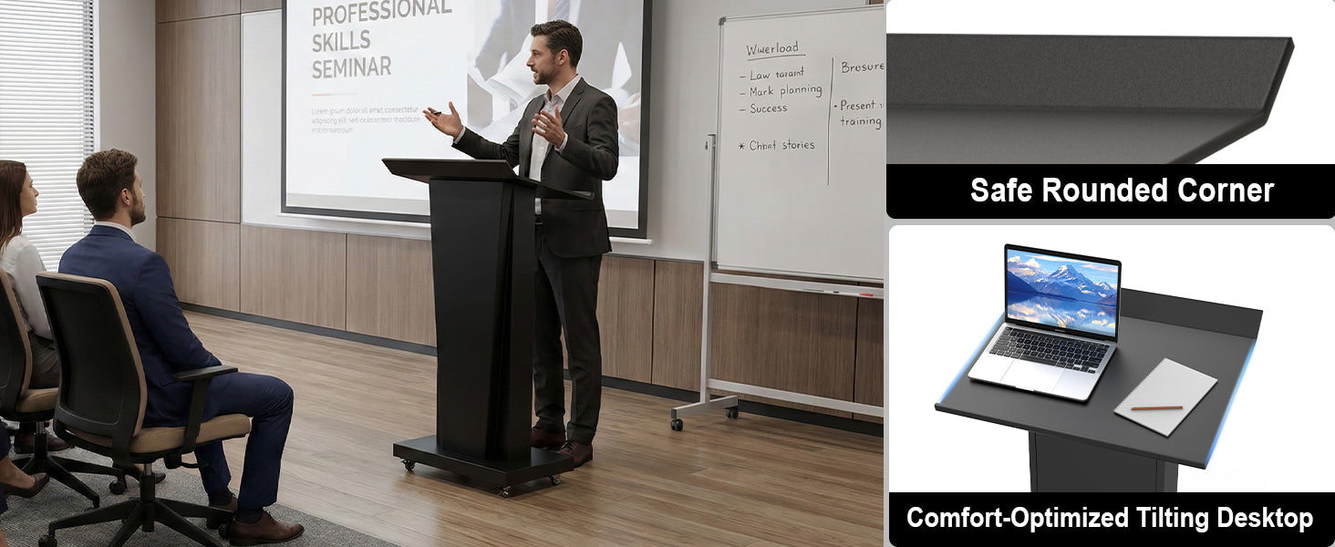 Conference lectern safety features: safe rounded corners and comfort-optimized tilting desktop surface