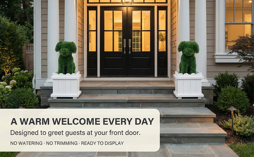 Pair of artificial dog topiaries flanking luxury hotel entrance with black double doors, creating symmetrical welcome display for upscale properties