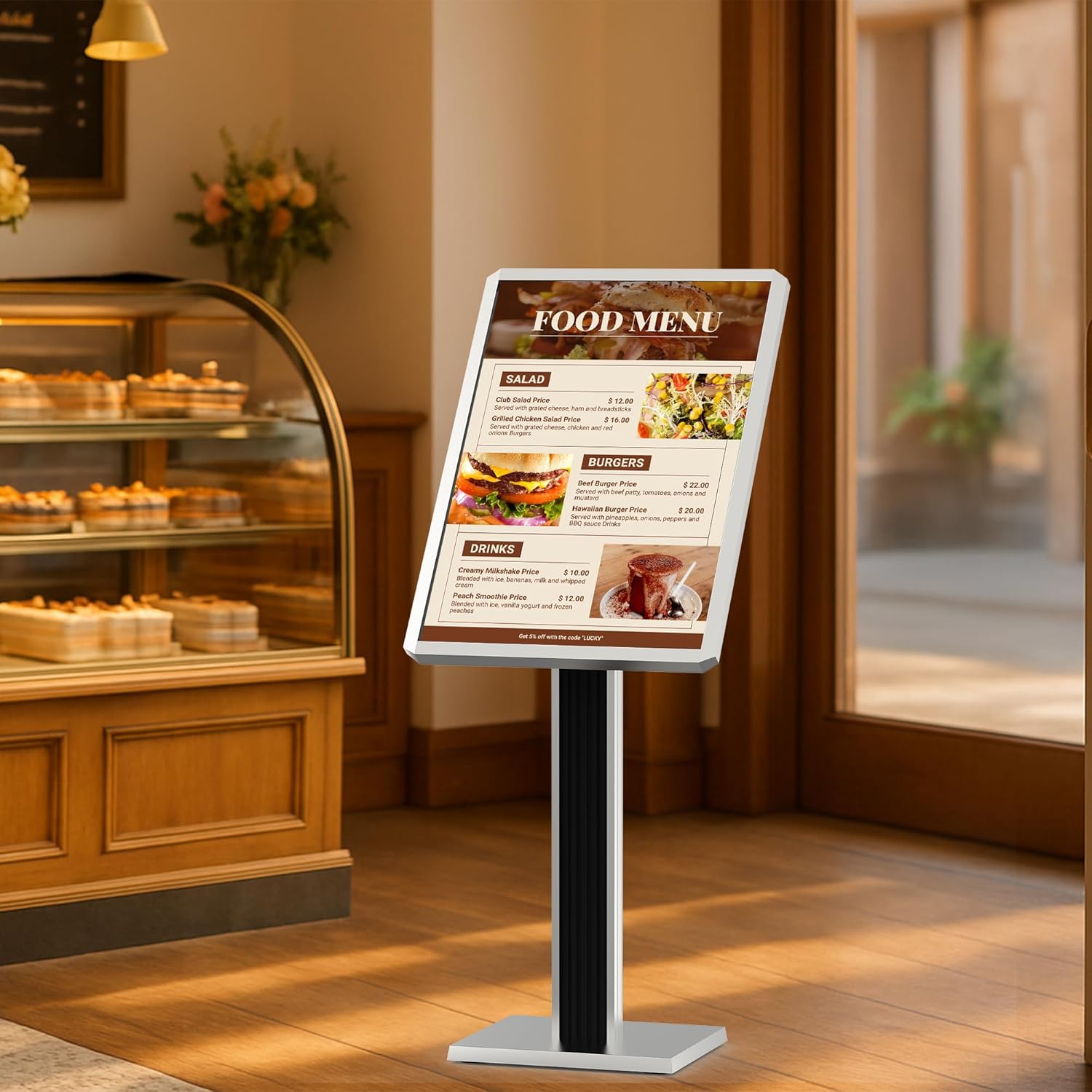 Menu Display Stand – 29x21.6" Aluminum Pedestal with Top - Loading Board for Restaurants, Cafés, Hotels - CrazyAnt