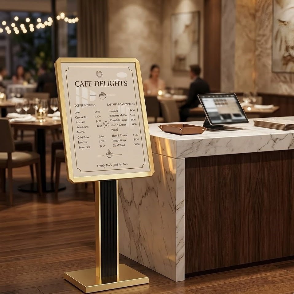 Menu Display Stand – 29x21.6" Aluminum Pedestal with Top - Loading Board for Restaurants, Cafés, Hotels - CrazyAnt