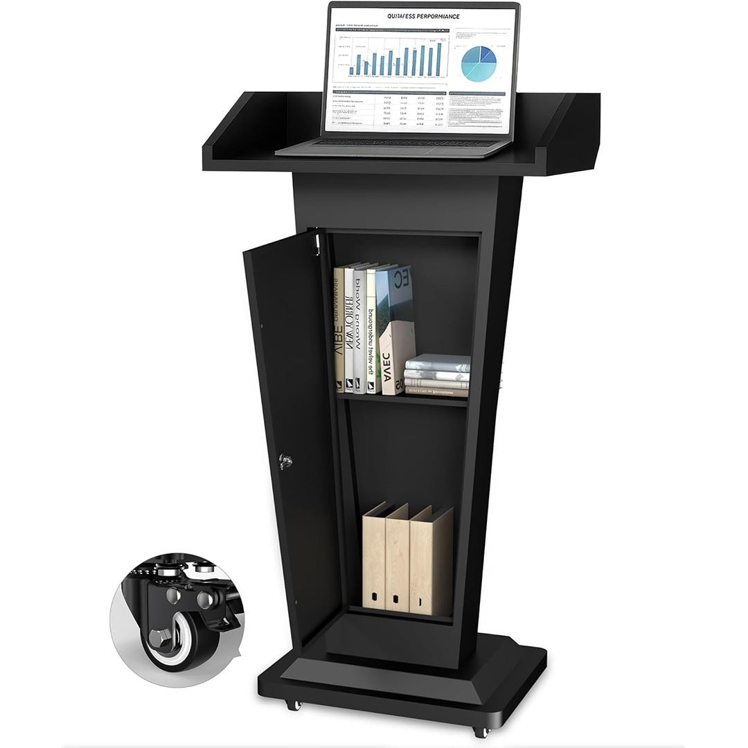 Mobile Lectern Podium Stand with 4 Locking Wheels - 46.5"H Conference Podium with Storage Cabinets for Hotels, Events & Meetings - Black - CrazyAnt