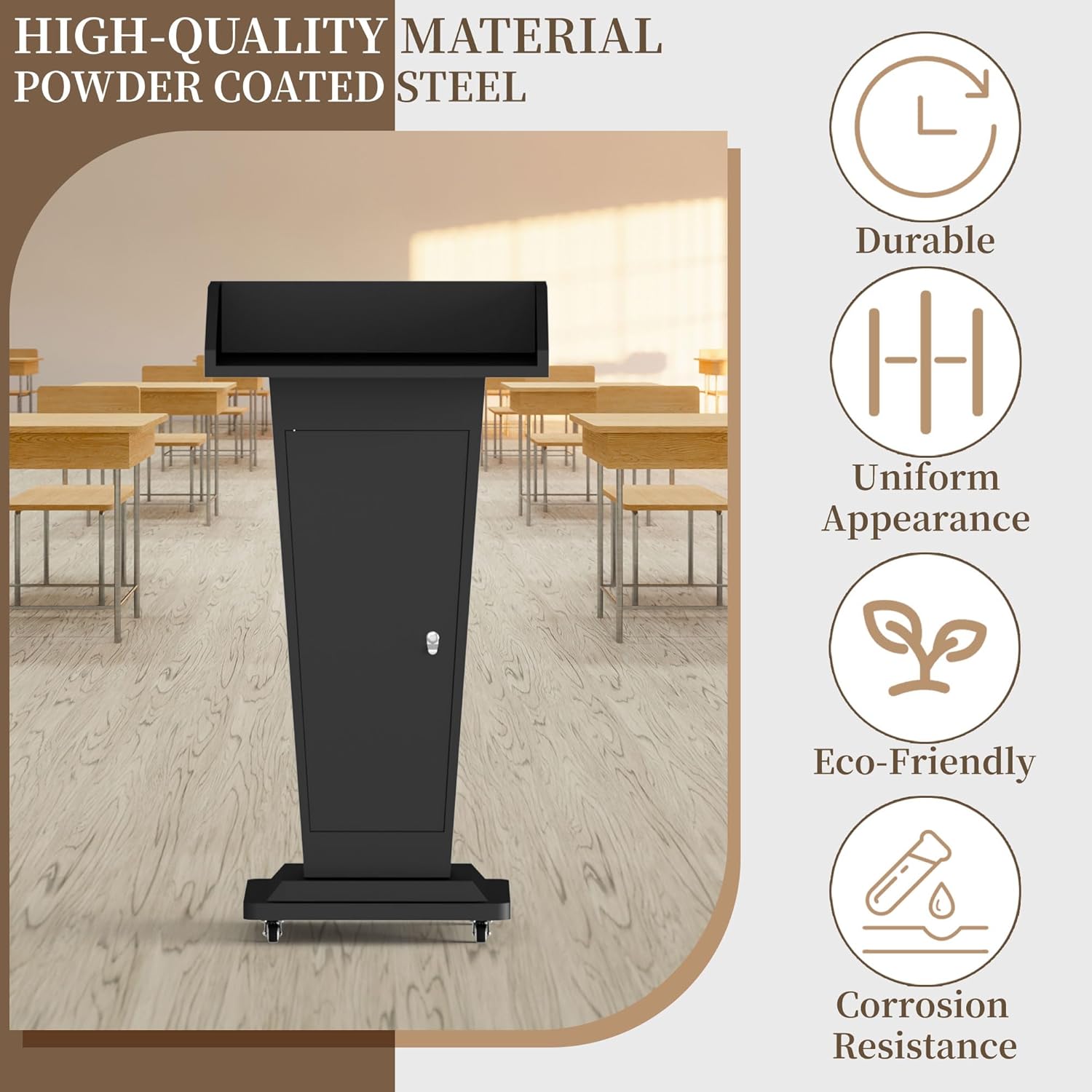 Mobile Lectern Podium Stand with 4 Locking Wheels - 46.5"H Conference Podium with Storage Cabinets for Hotels, Events & Meetings - Black - CrazyAnt