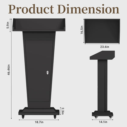 Mobile Lectern Podium Stand with 4 Locking Wheels - 46.5"H Conference Podium with Storage Cabinets for Hotels, Events & Meetings - Black - CrazyAnt