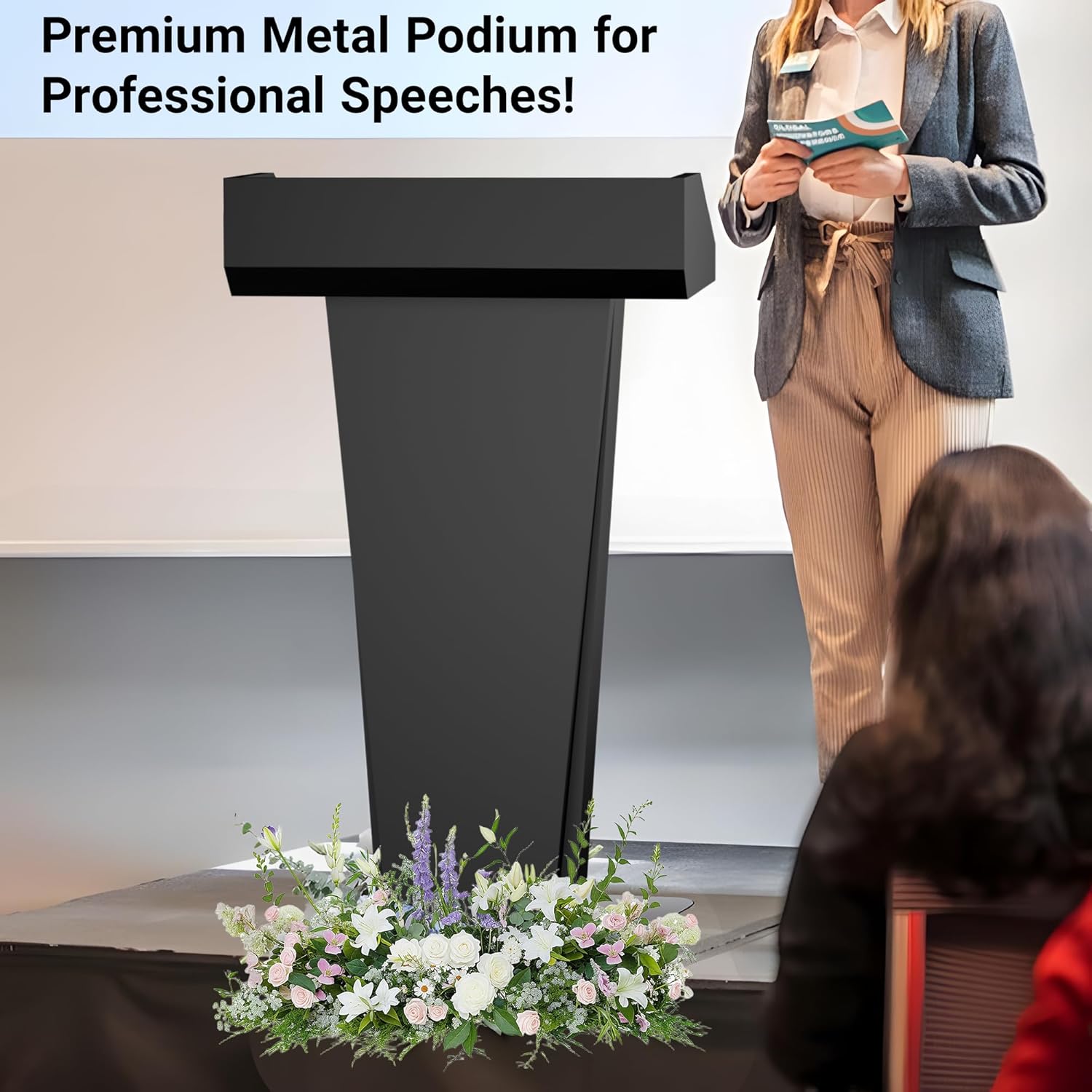 Mobile Lectern Podium Stand with 4 Locking Wheels - 46.5"H Conference Podium with Storage Cabinets for Hotels, Events & Meetings - Black - CrazyAnt