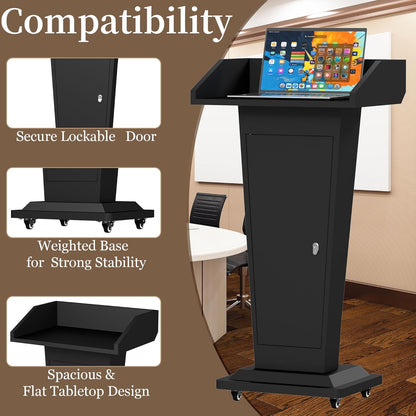 Mobile Lectern Podium Stand with 4 Locking Wheels - 46.5"H Conference Podium with Storage Cabinets for Hotels, Events & Meetings - Black - CrazyAnt
