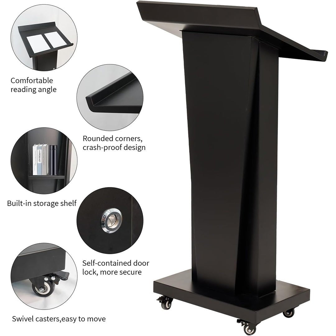 Mobile Lectern Podium Stand with Lockable Wheels - 50.4"H Conference Podium with Storage for Hotels, Events & Meetings - Black - CrazyAnt