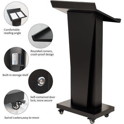 Mobile Lectern Podium Stand with Lockable Wheels - 50.4"H Conference Podium with Storage for Hotels, Events & Meetings - Black - CrazyAnt
