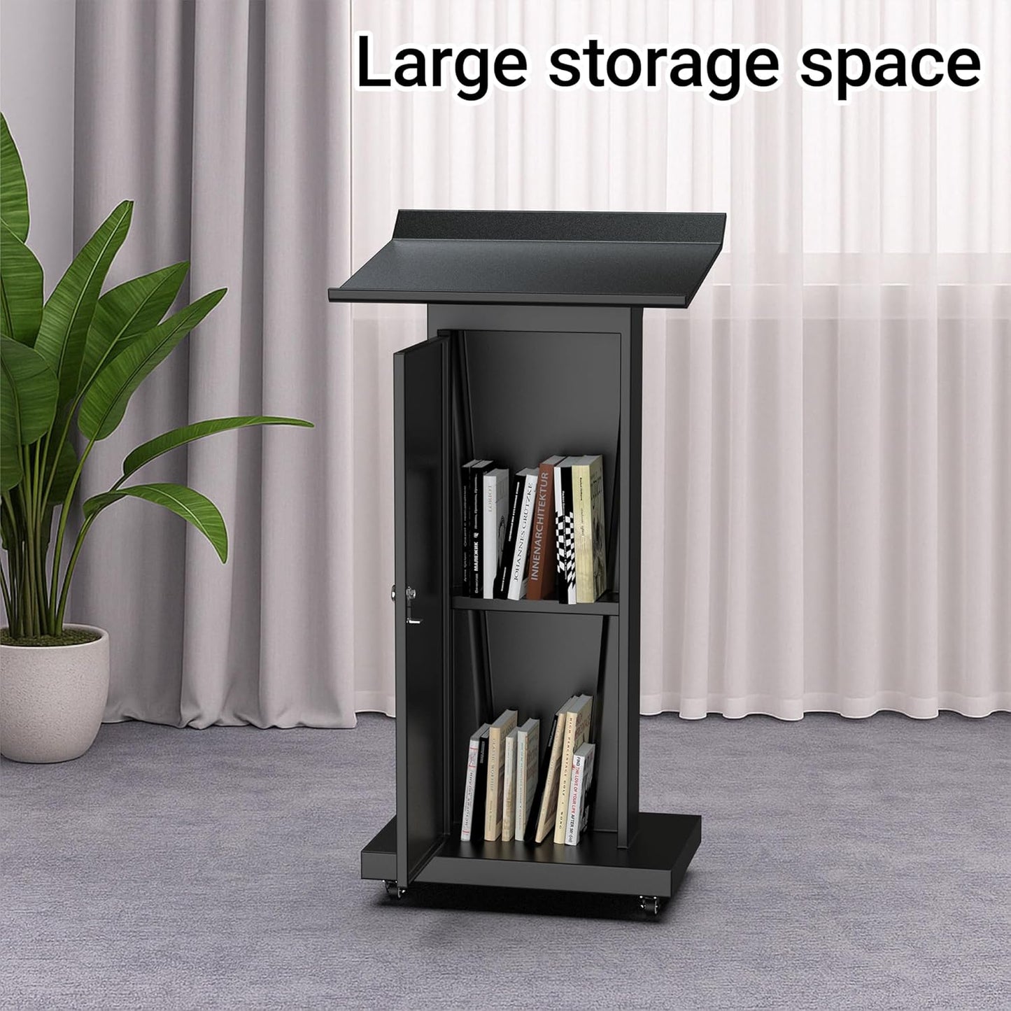 Mobile Lectern Podium Stand with Lockable Wheels - 50.4"H Conference Podium with Storage for Hotels, Events & Meetings - Black - CrazyAnt