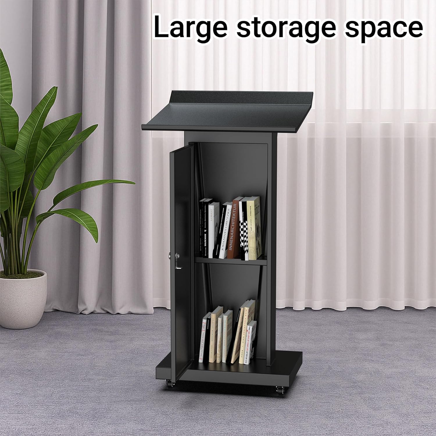 Mobile Lectern Podium Stand with Lockable Wheels - 50.4"H Conference Podium with Storage for Hotels, Events & Meetings - Black - CrazyAnt