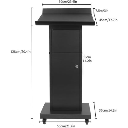 Mobile Lectern Podium Stand with Lockable Wheels - 50.4"H Conference Podium with Storage for Hotels, Events & Meetings - Black - CrazyAnt