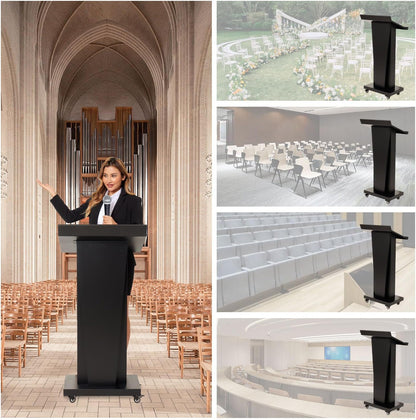 Mobile Lectern Podium Stand with Lockable Wheels - 50.4"H Conference Podium with Storage for Hotels, Events & Meetings - Black - CrazyAnt