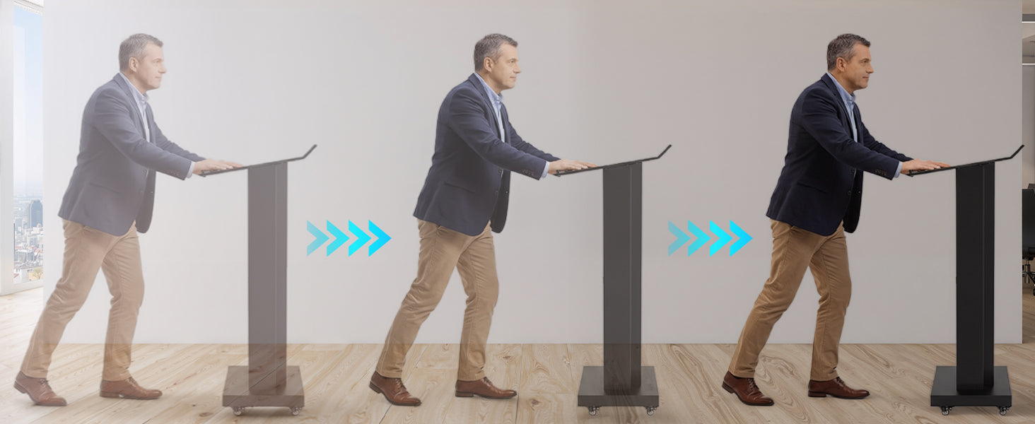 Mobile conference podium with smooth-rolling lockable wheels - easy movement for hotel presentations