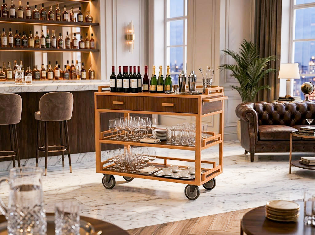 Open shelf room service cart in hotel lounge for beverage service, wine display, and hospitality operations