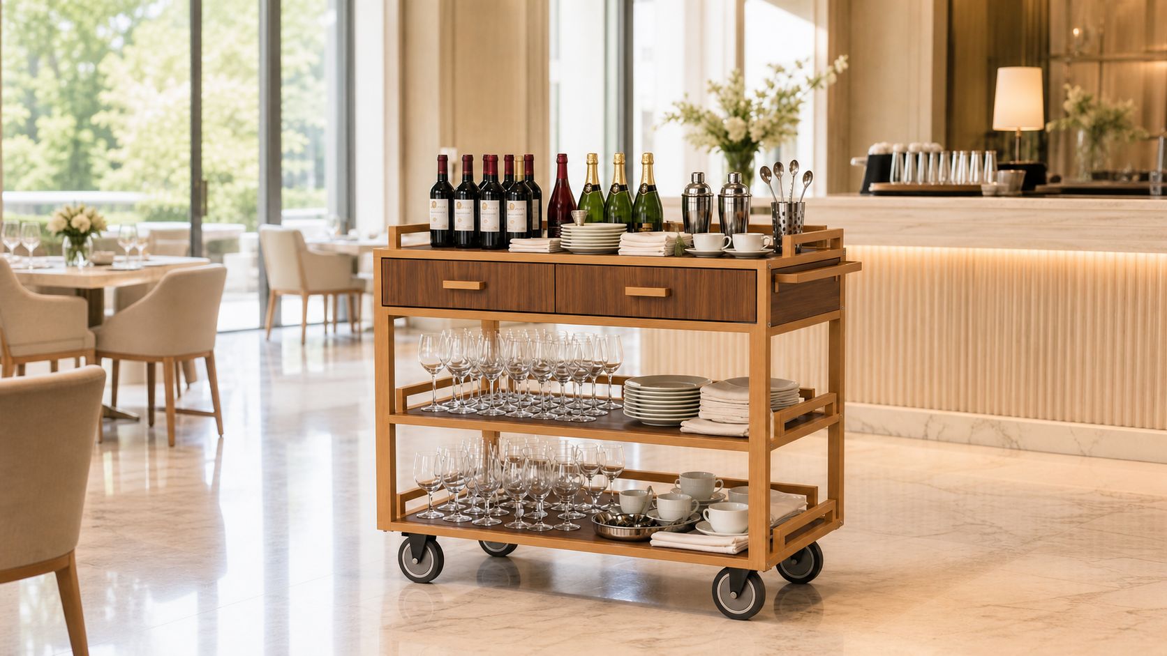 Open shelf room service cart for hotel restaurant service, beverage service, and banquet setup